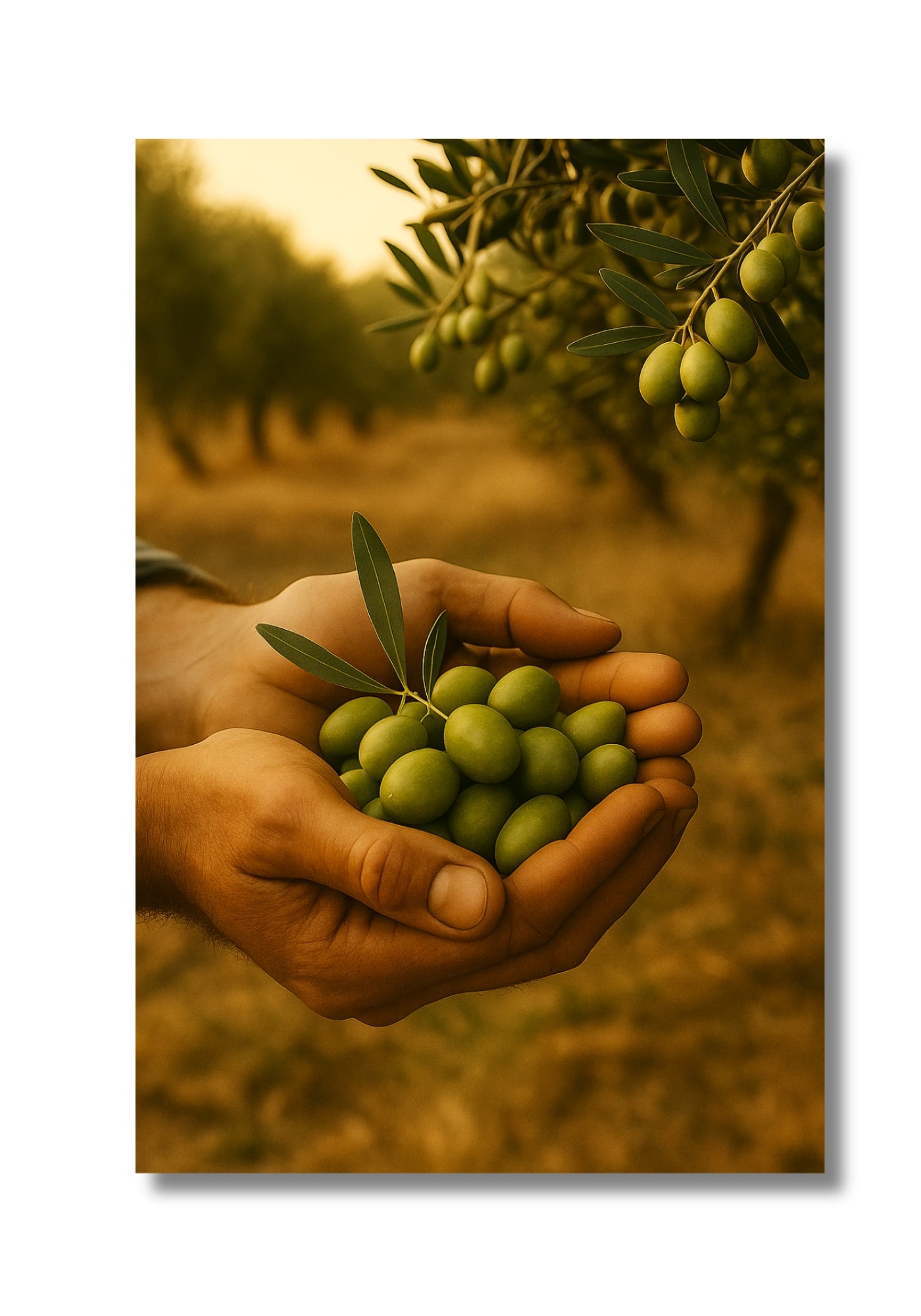 Poster met een close-up van handen die groene olijven oogsten onder een olijfboom, met een onscherpe achtergrond van een zonovergoten olijfgaard.