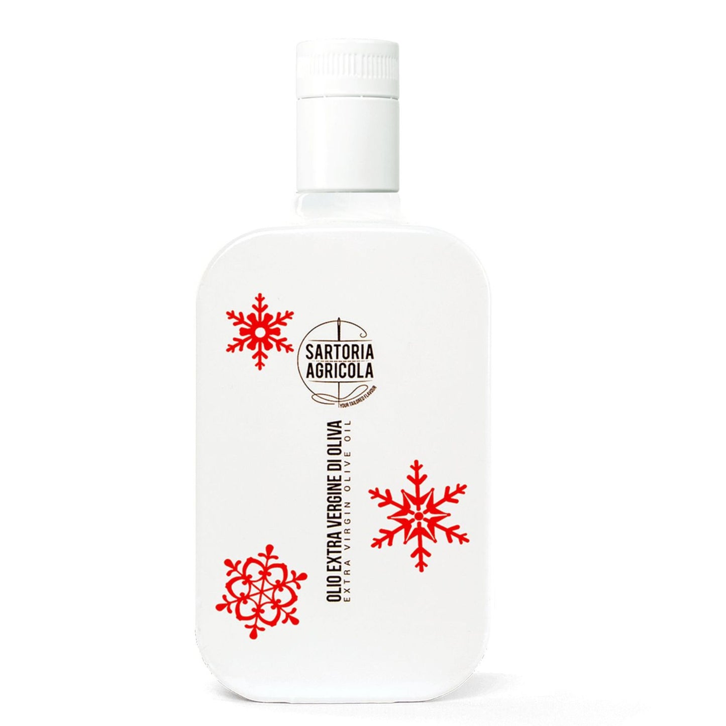 White bottle of extra virgin olive oil, Christmas limited edition crafted in Puglia, with white snowflake design.