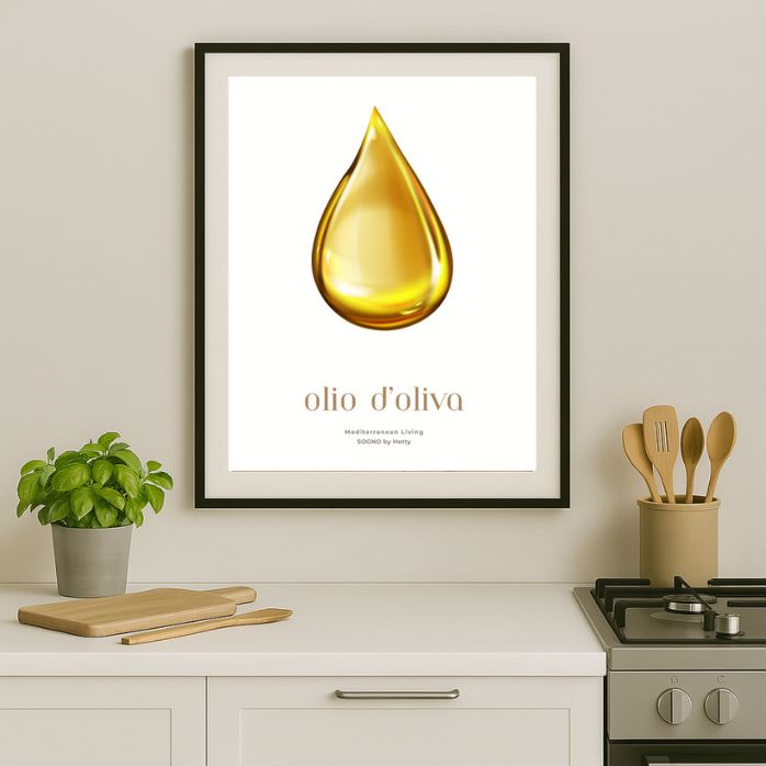 Wall art olive oil drop labelled SOGNO by Hetty in black frame in modern kitchen setting