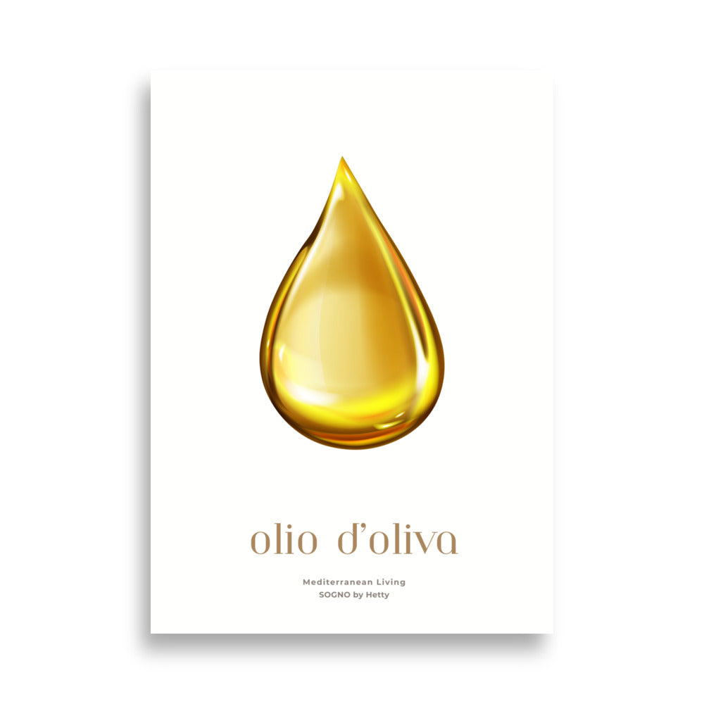Poster with golden olive oil drop on broken with background labeled SOGNo by Hetty Mediterranean Living
