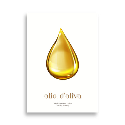 Poster with golden olive oil drop on broken with background labeled SOGNo by Hetty Mediterranean Living