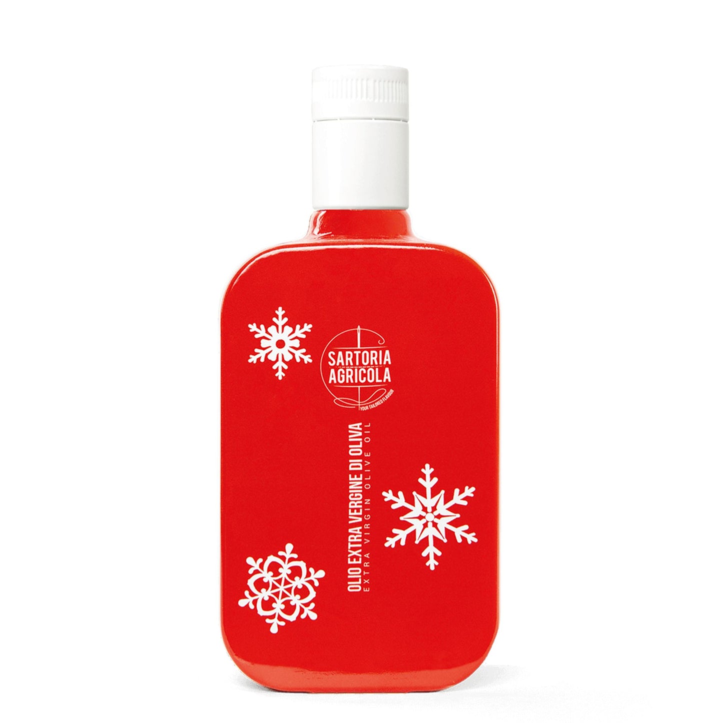 Red bottle of extra virgin olive oil, Christmas limited edition crafted in Puglia, with white snowflake design.