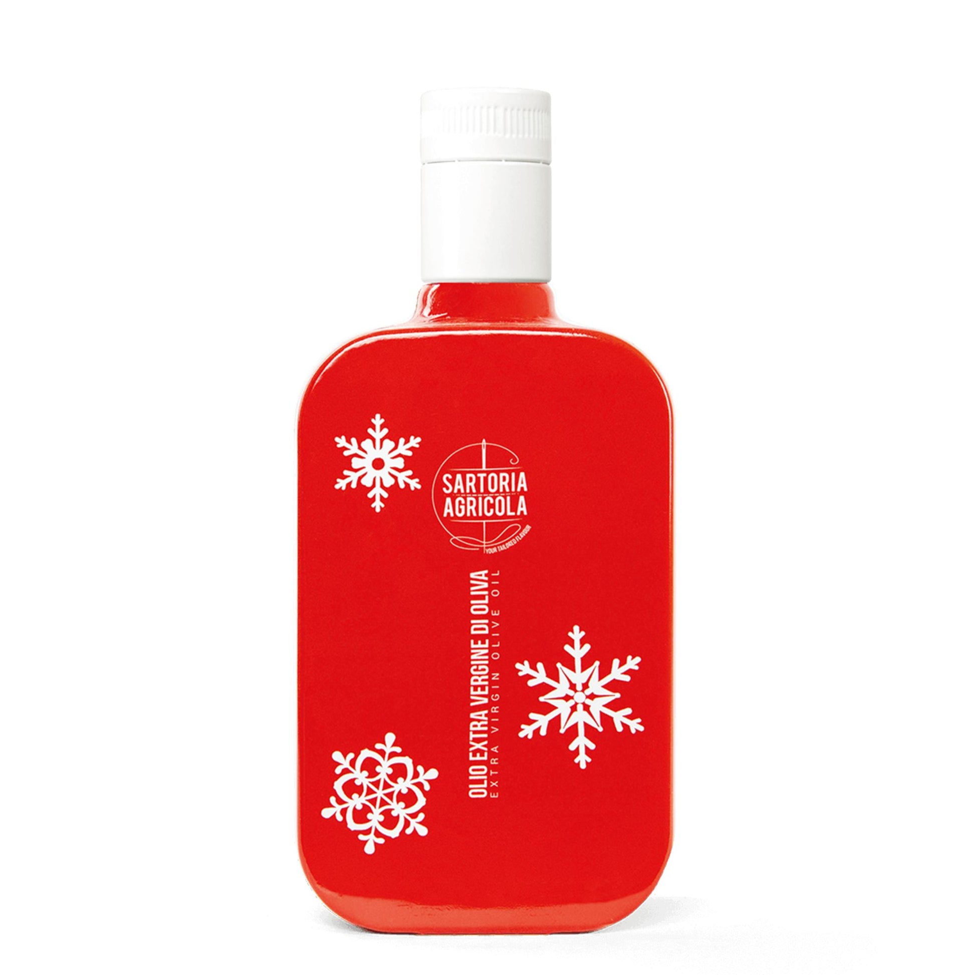 Red bottle of extra virgin olive oil, Christmas limited edition crafted in Puglia, with white snowflake design.
