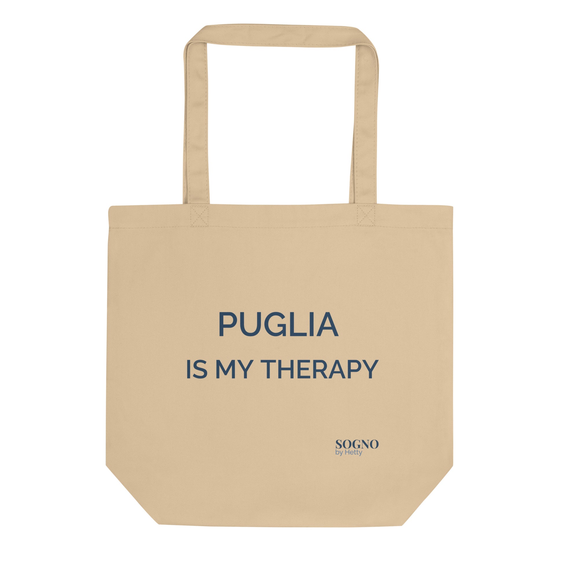 Duurzame tote bag van SOGNO by Hetty met de tekst ‘Puglia is my therapy’ – exclusief design in biologisch katoen