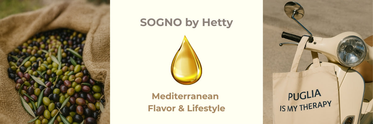 Header image for SOGNO by Hetty showing a golden olive oil droplet, Mediterranean flavor and lifestyle concept, with Puglia design tote bag and natural tones.
