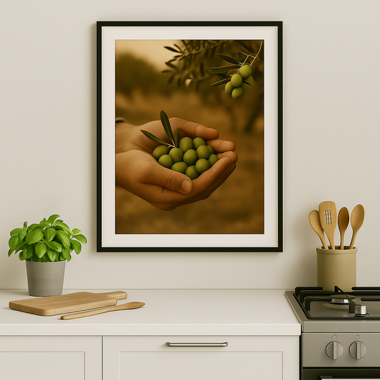 Poster van een olijvenoogst met handen vol groene olijven, ingelijst aan de muur boven een moderne witte keuken met basilicumplant en houten accessoires.