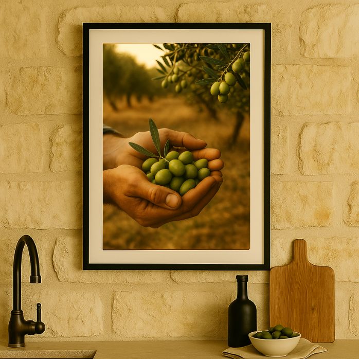 Poster of olive harvest with hands holding olives, framed poster on stone kitchen wall
