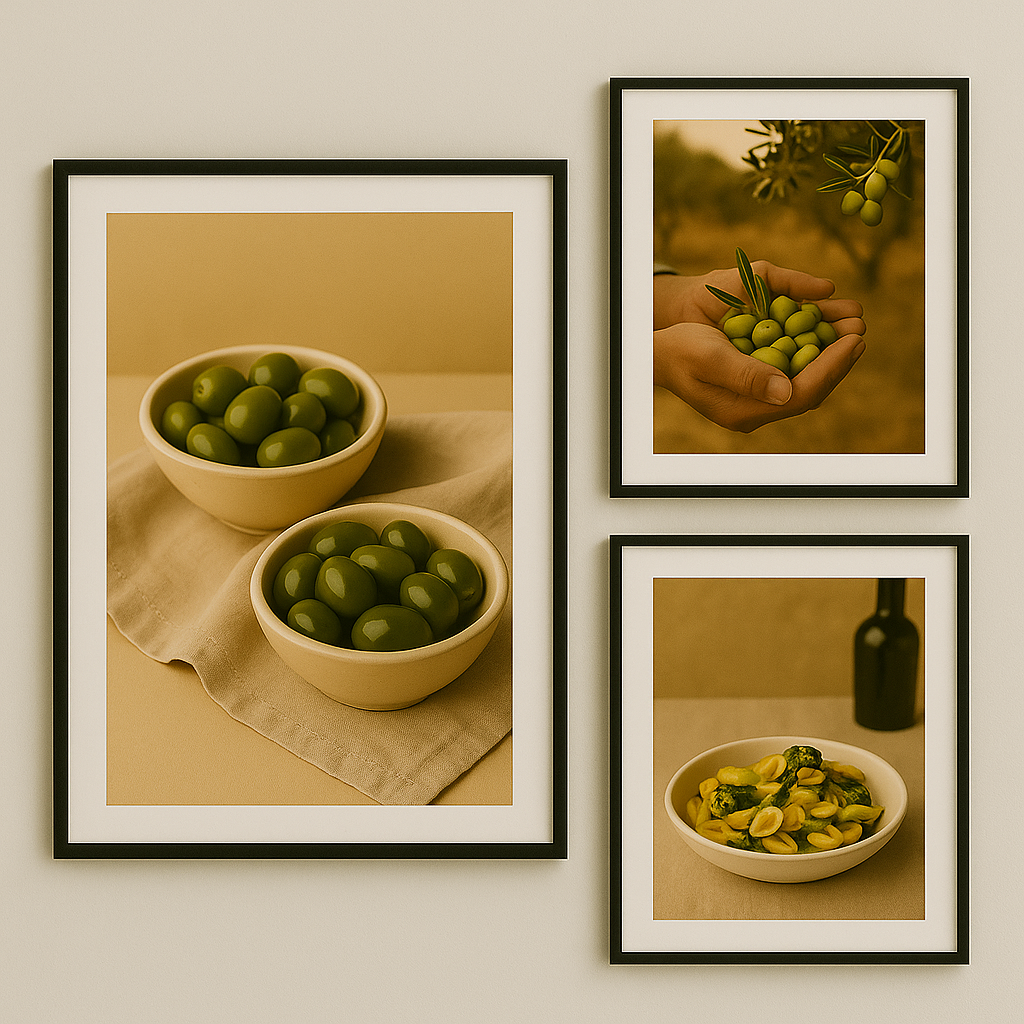 Set van drie ingelijste posters met mediterrane beelden: een grote poster van groene olijven in kommen, en twee kleinere posters met een olijvenoogst en een bord orecchiette met cime di rapa, gepresenteerd in een warme, rustieke setting met olijfolie en terracotta vaas.

