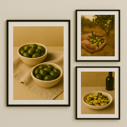 Set van drie ingelijste posters met mediterrane beelden: een grote poster van groene olijven in kommen, en twee kleinere posters met een olijvenoogst en een bord orecchiette met cime di rapa, gepresenteerd in een warme, rustieke setting met olijfolie en terracotta vaas.

