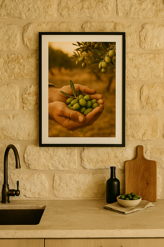 Poster van de olijvenoogst met handen vol groene olijven aan een beige stenen muur in een mediterrane keuken, met houten snijplank, zwarte fles en kommetje groene olijven.