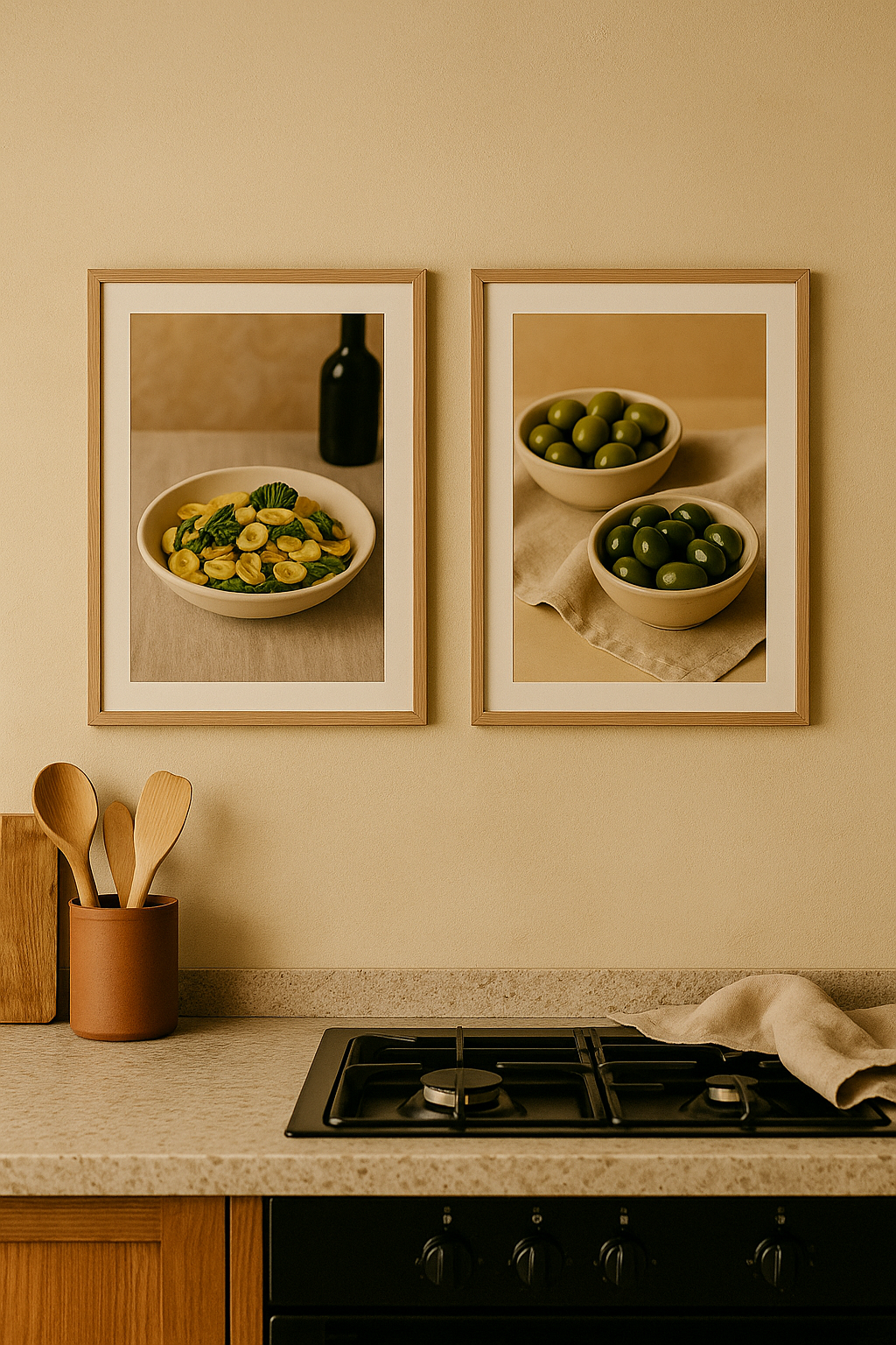 Twee mediterrane posters boven een fornuis: orecchiette met cime di rapa en groene olijven – warme keukenstijl, Puglia sfeer.