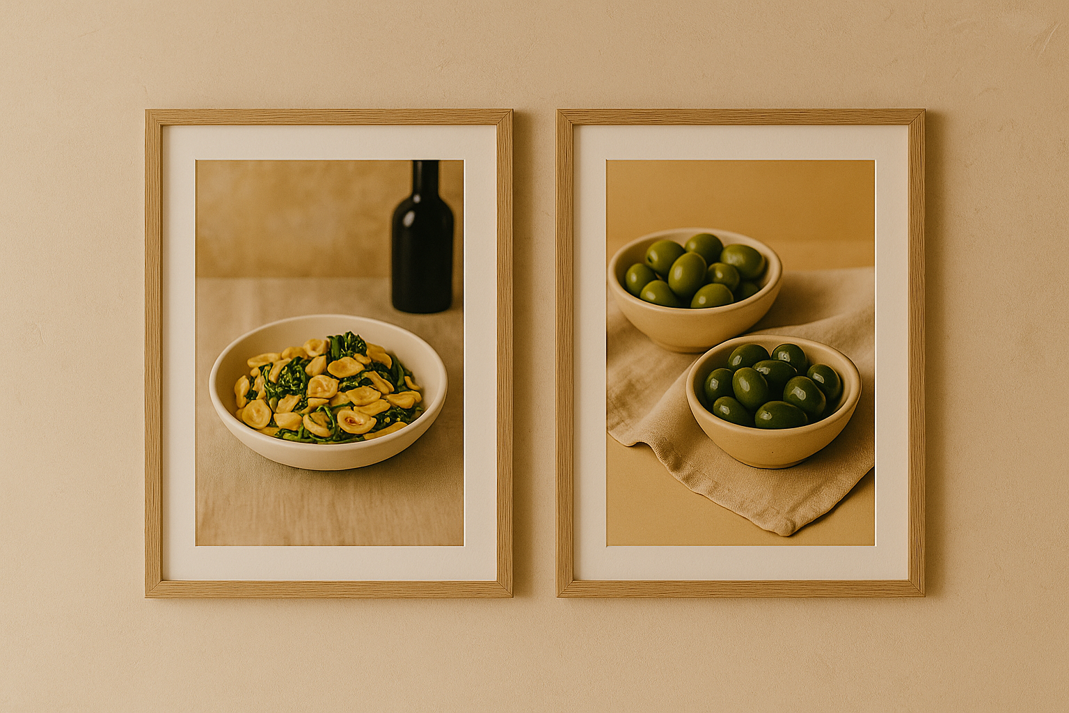 Twee mediterrane posters ingelijst naast elkaar: orecchiette met cime di rapa en een kom met olijven – warme, stijlvolle wanddecoratie.