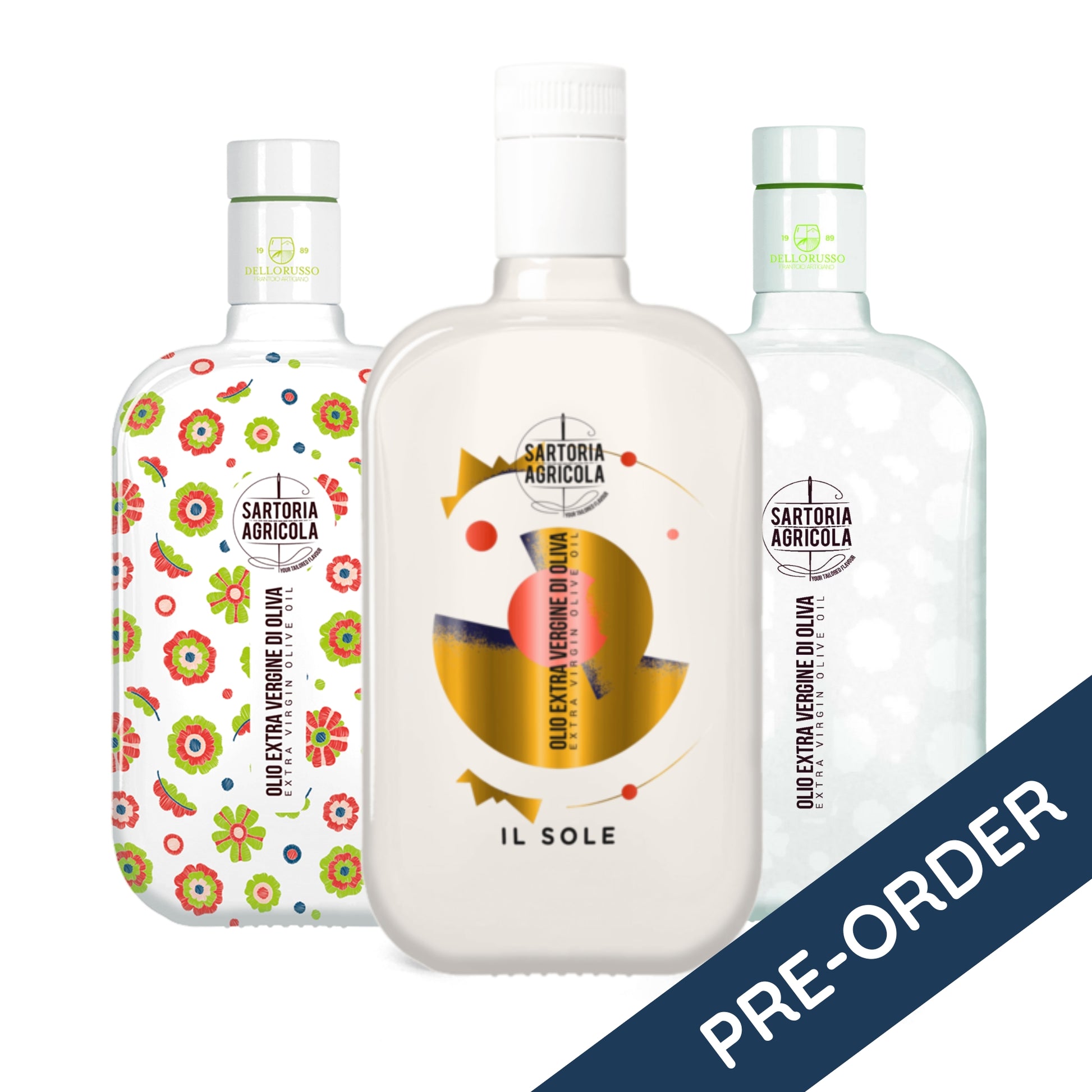 Drie Signature Blend olijfolieflessen van SOGNO by Hetty – Red Bloom, Il Sole en White Edition met pre-order label, onderdeel van het seizoensabonnement 